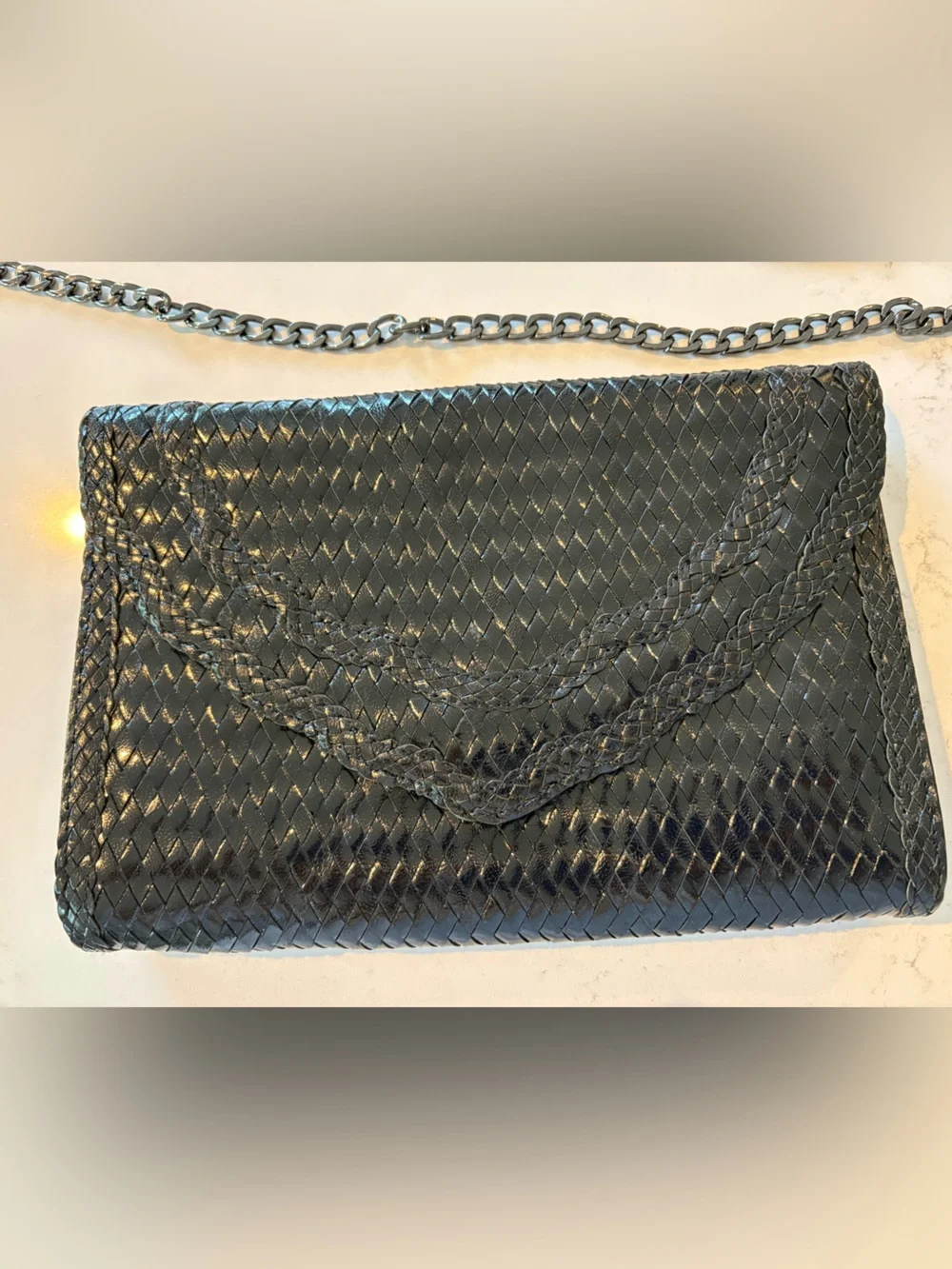 YSL  Black Woven Patent Envelope vintage Clutch with off label chain - Picture 2 of 14